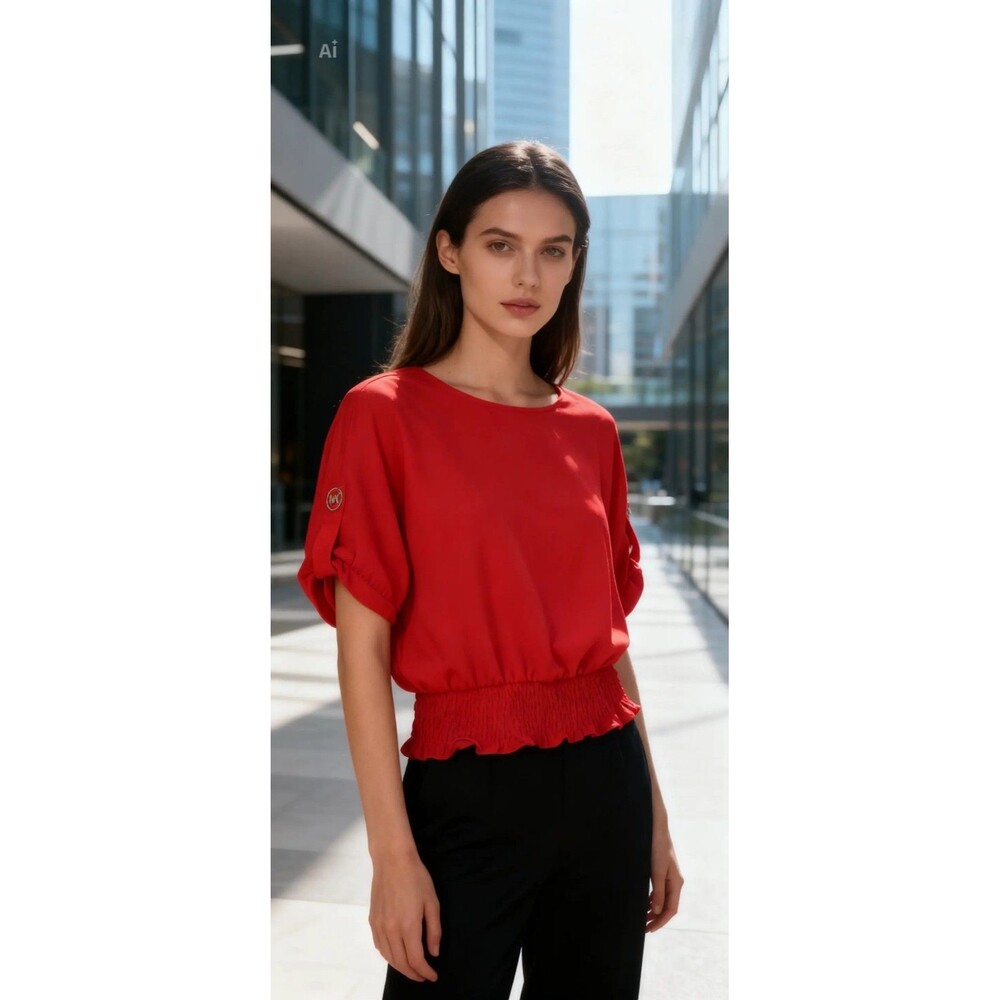 Michael Michael Kors Red Smocked Hem Boat Neck Blouse 3/4 Sleeve S